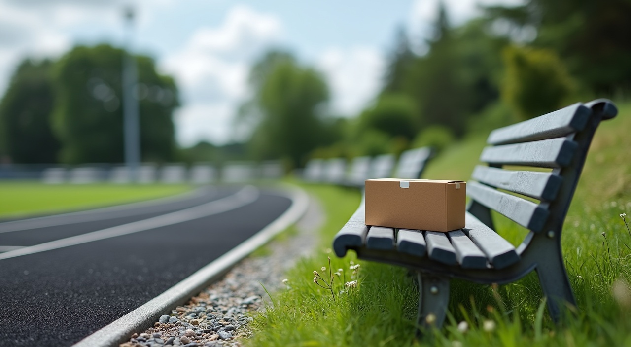 AI generated image by FLUX.1-pro: A realistic photograph of a small box sitting on an angled metal bench with a running track in the background. The bench with the box should take up the lower right corner of the composition, and sit off to the side of the track in grass, gravel or another outdoor surface. The track and scenery takes up the upper left two thirds of the composition. The track itself should take up as much of the background as possible while still looking realistic in perspective. The running track is made of black rubber turf with white stripes, and the curved part of the track is what is visible to the camera. The photo should include sky and trees off in the far distance with lens blur, while the box and the bench should be in full focus. 