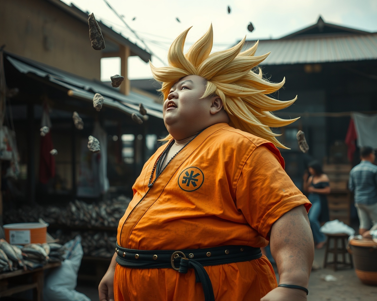 AI generated image by FLUX.1-schnell: Super hyper crazy over action mood , Perform the move of The Rock Death Wrestling.Realistic photo In Thailand rural city of fish markets Thai movie film style , Nikon film photo realistic big fat body of realistic Kim Jong Un North Korea in dragonball Goku style, glowing golden hair, ano extremely angry, standing and looking up to sky, stones falling like an arrow, dynamic, hyperrealism, barbiecore 