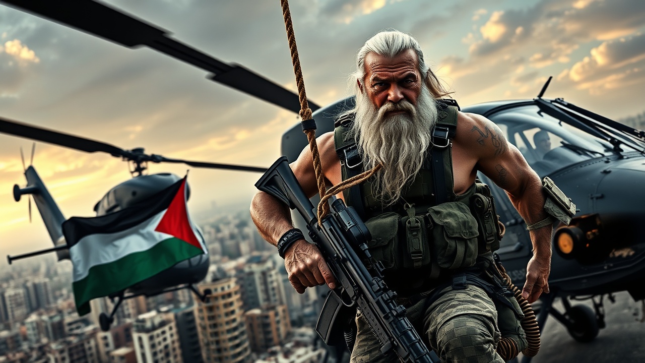 AI generated image by FLUX.1-schnell: A -realistic ultra HD 4K image of a muscular elderly man with long white hair and a white beard, wearing tactical military gear and bullet belts across his chest. He is descending from a military helicopter by a thick rope, holding a large weapon in one hand. The helicopter has a large flag (similar to the Palestinian flag) attached to it, flying in the wind. The background is a war-torn urban cityscape under dramatic skies, with buildings clearly visible and detailed. Both the character and the background should be crystal clear and highly detailed, cinematic lighting, photorealistic style.
