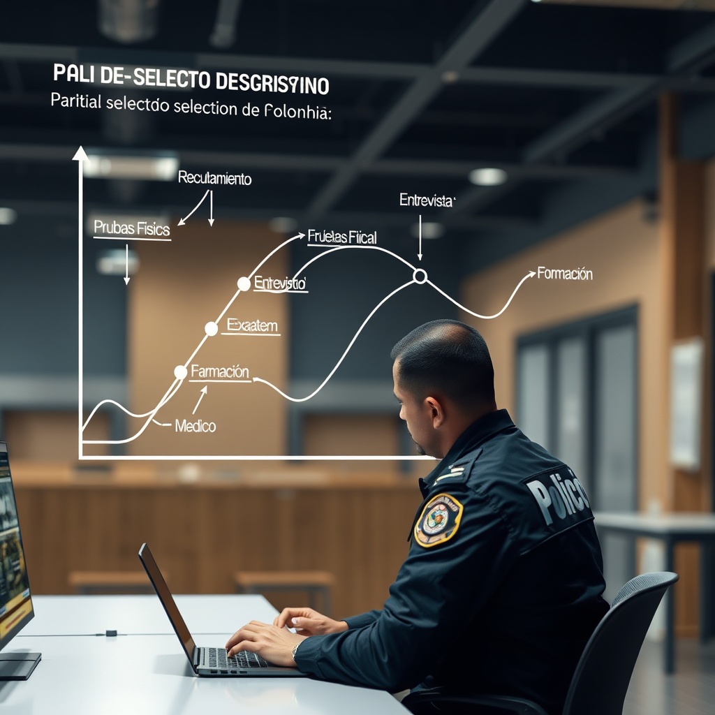 AI generated image by FLUX.1-schnell: "Cree una imagen donde un policia de colombia analista de datos esté trabajando en una estación de trabajo, con un grafo dirigido de fondo. El grafo debe representar una ruta de selección de personal para la Policía Nacional de Colombia. En el grafo, se deben visualizar nodos que representen diferentes etapas del proceso de selección, como 'Reclutamiento', 'Pruebas Físicas', 'Entrevista', 'Examen Médico', y 'Formación'. Las aristas dirigidas deben mostrar el flujo de una etapa a otra, indicando la secuencia del proceso. El analista de datos debe estar observando el grafo con atención, posiblemente utilizando herramientas de análisis de datos en su pantalla, policia nacional de colombia."