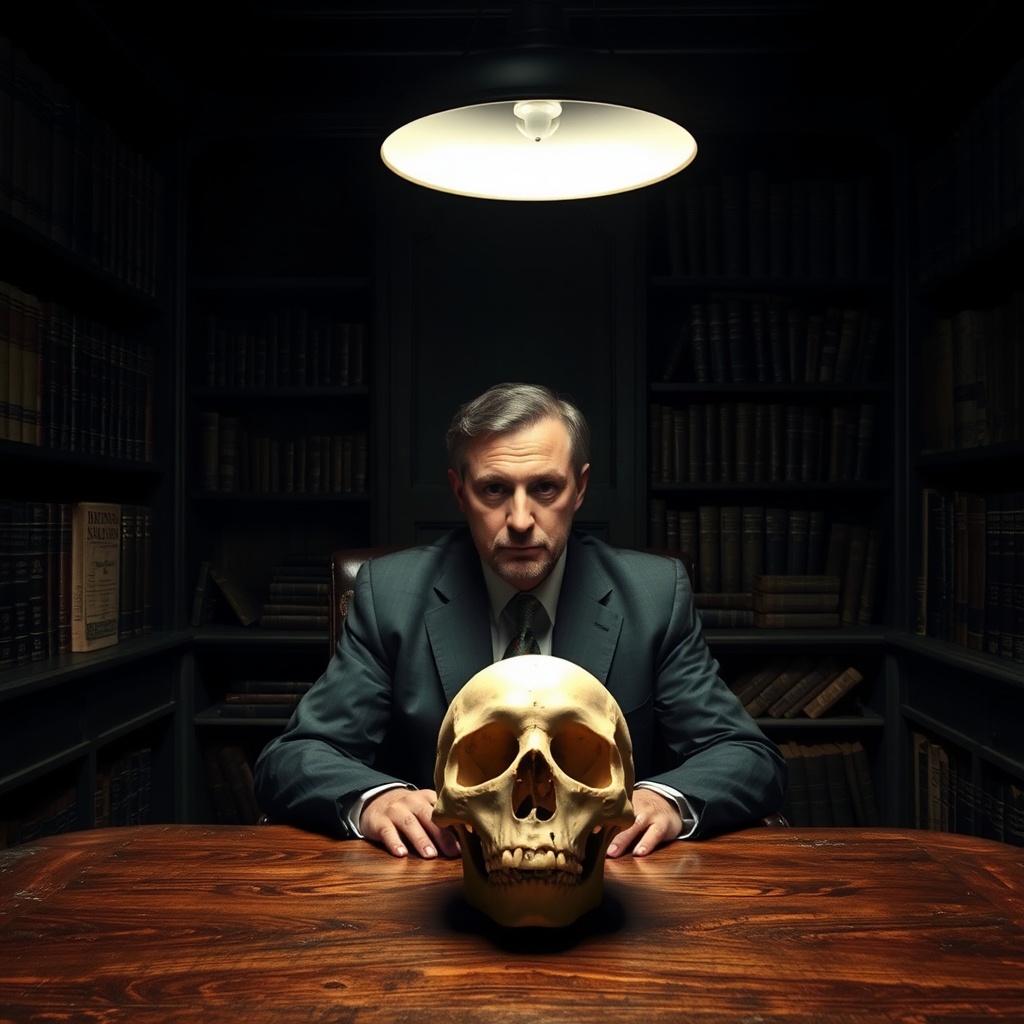 AI generated image by FLUX.1-schnell: A dark, moody study illuminated by a single hanging lamp that casts soft light over the scene. The person, dressed in a suit, sits at an old-fashioned wooden desk with the trepanated skull positioned front and center, a medium size hole in the skull. The person’s gaze is intense, locked onto the viewer as if asking a profound question. The surrounding walls are lined with bookshelves filled with ancient medical texts, adding to the seriousness of the moment.