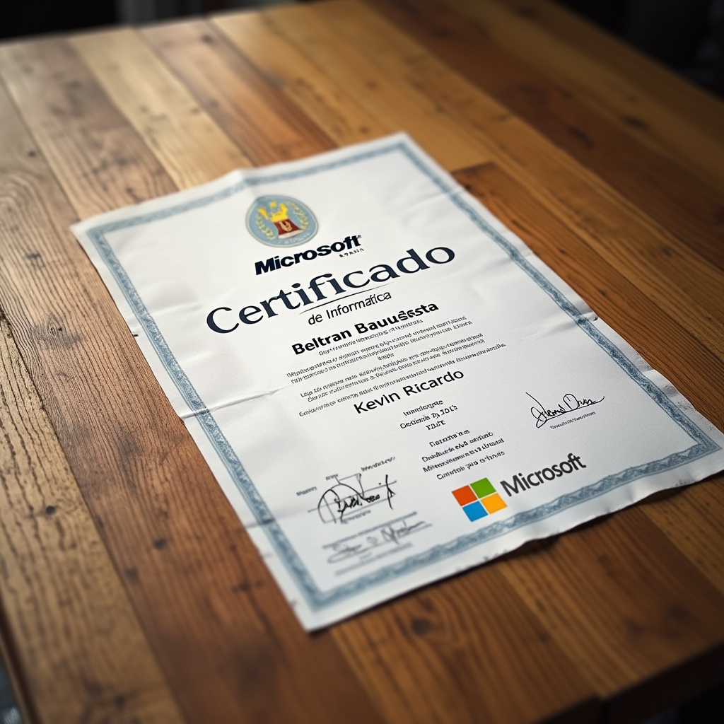 AI generated image by FLUX.1-pro: Crear una imagen de una hoja de certificado, que esta hoja esté sobre una mesa de madera y que sea un certificado de informatica de Microsoft a nombre de Beltrán Bautista Kevin Ricardo, que esté firmado o tenga sello de Microsoft y que además tenga mucho texto a color.
Sin deformaciones ni exageraciones.