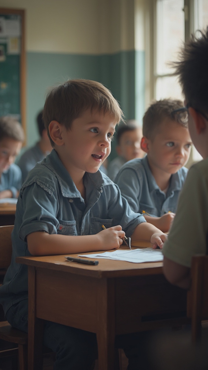 AI generated image by FLUX-Realism-Lora: a boy who was scolding by a students because he was faile five timesin exam
