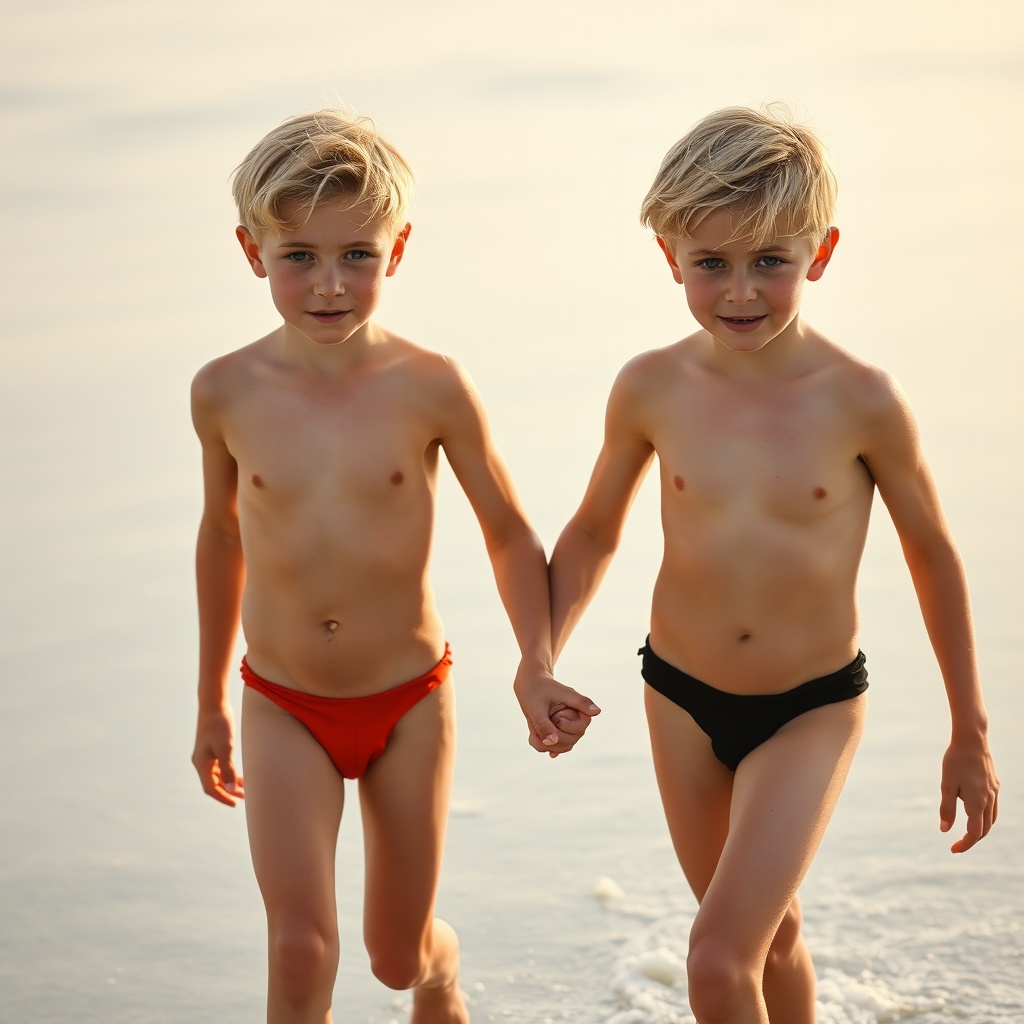AI generated image by FLUX.1-schnell: deux garçons blond aux yeux bleu de huit ans en maillot de bain se tenant la main en marchant sur la plage