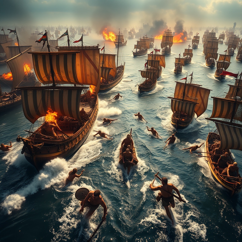 AI generated image by FLUX.1-schnell: 31 BC, Battle of Actium. The Mediterranean is in chaos. An IMAX aerial shot reveals a colossal clash of warships: Mark Antony's Egyptian fleet locked in battle against the relentless Roman navy. The camera plunges into the heart of the action, amid burning quinqueremes, shattered wooden decks, and bronze battering rams splintering against enemy hulls. The sea spray turns red as fallen warriors disappear beneath the waves.

A wide tracking shot follows a squadron of Egyptian archers, their sun-tanned bodies straining as they unleash a deadly volley against the advancing Roman triremes.

IMAX cinematography, ultra-smooth movement, extreme hyperrealism, golden lighting, majestic composition: a cinematic masterpiece.