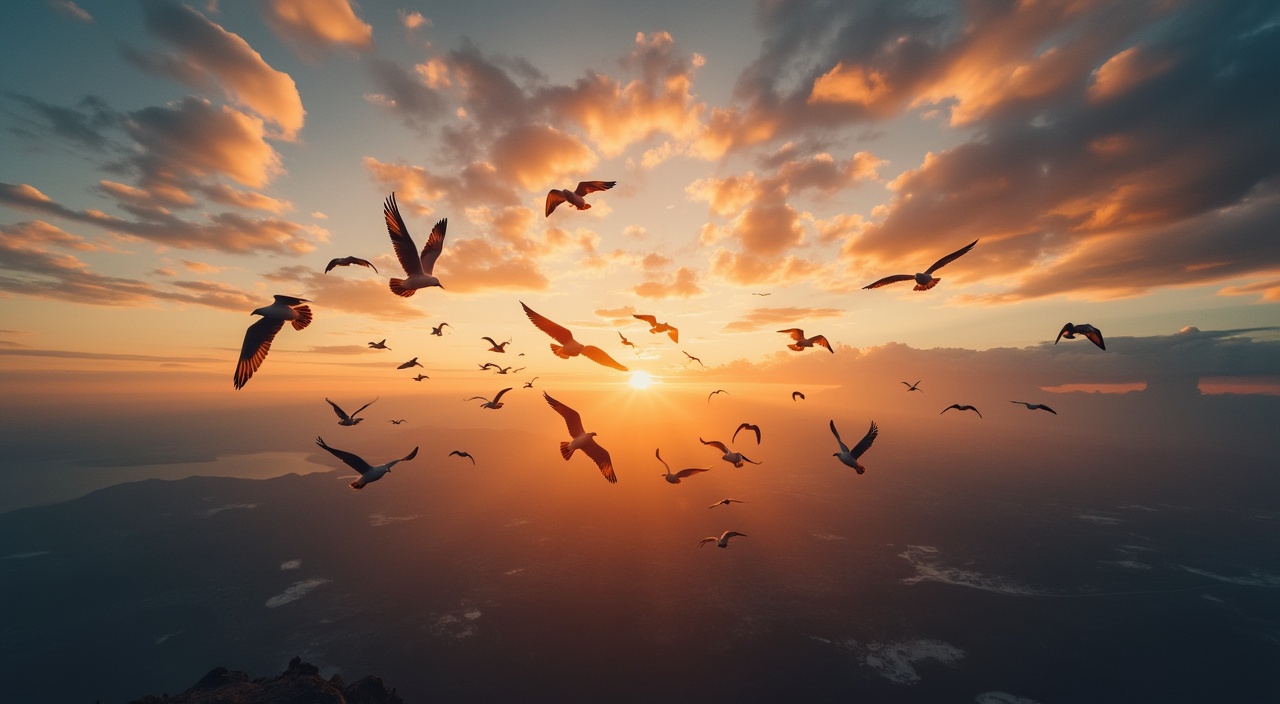 AI generated image by FLUX.1-pro: vista aérea de una bandada de pájaros volando en un atardecer
