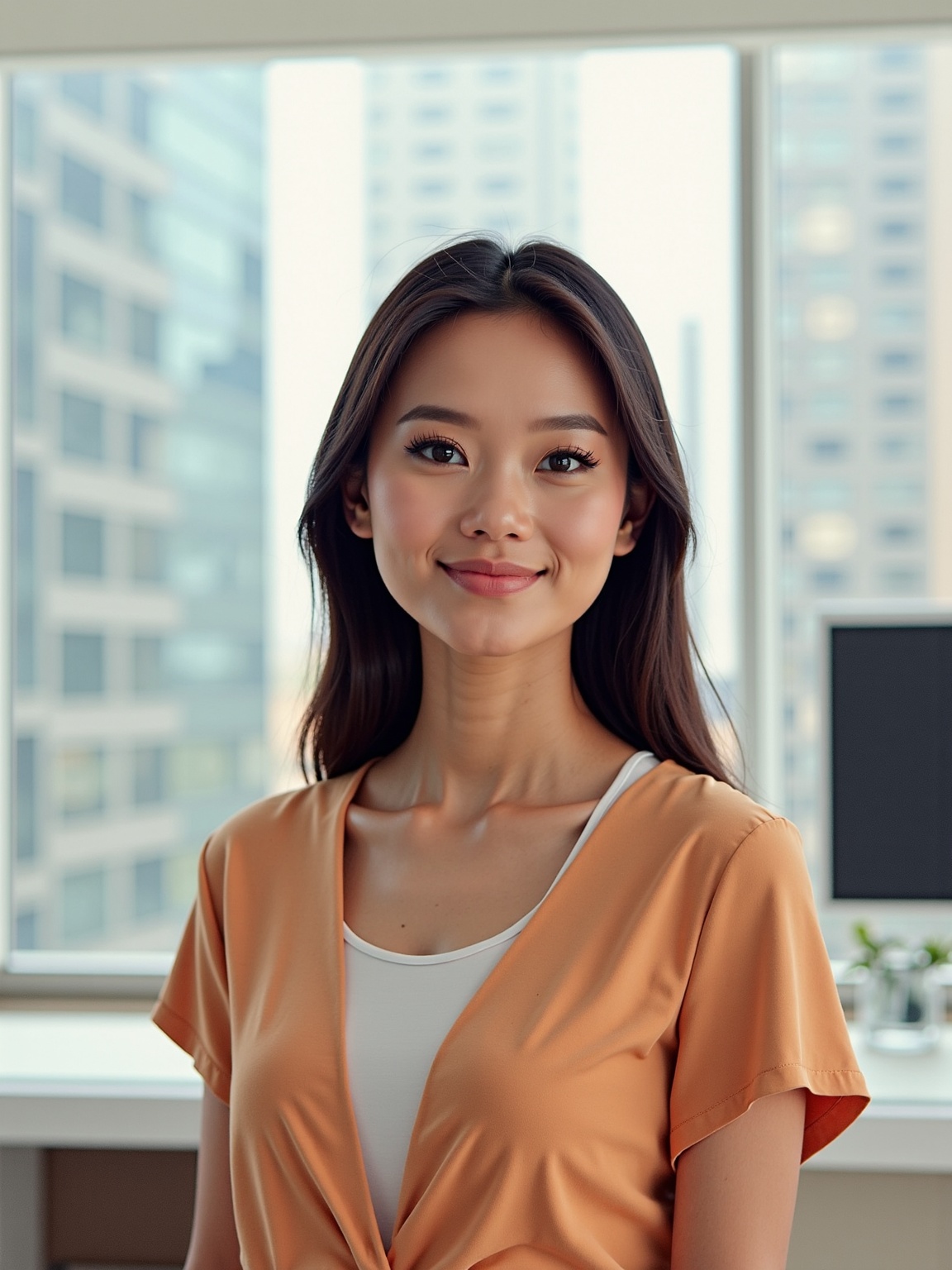 AI generated image by FLUX.1-image-to-image: A hyperrealistic image of a woman wearing a blue bazer and white business style blouse and pants . The woman is standing in her office, looking directly at the viewer with a happy and serene expression. The background is a sleek, minimalist modern office with a huge window showing the city.