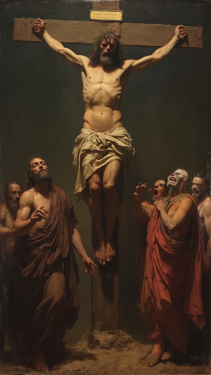 AI generated image by FLUX-Realism-Lora: Jesus Christ being crucified and several people crying