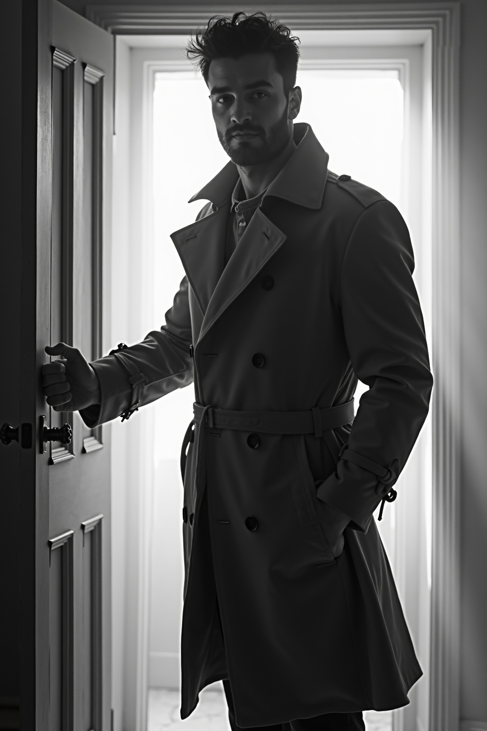 AI generated image by FLUX.1-image-to-image: black-and-white photo with the backlit dark silhouette of a handsome broad-shouldered man in a trench coat standing in a doorway coming and looking to camera. 
The man holding the door handle, as if he just entered the room. God rays. Backlight 