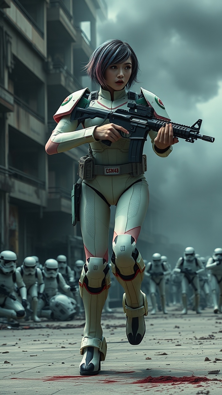 AI generated image by FLUX.1-schnell: Masterpiece full body of a Real Man,Virtual reality, skin like a real person , Best Quality,Beauty, full body image,War Cinematography , best shadows best illustrations Wallpaper size 1080×2400 px Detailed A realistic sci-fi image, similar to Hollywood movies. Full-length image of a Southeast Thai woman 22 years old very very big breasts, big breasts, short hair, dark pink and blue hair, white skin hold a AR-15 gun and aim it forward, her face looking straight ahead but her eyes looking to the right. Her face shows an indifferent but powerful expression on her face. There is a long blood-streaked map. She is wearing a modern but retro robot costume in light green and pink color with the logos green text of "CGM48", and pink text of "BNK48", on the costume. She is fast running on the feet of a large robot (only the robot's feet are visible). Low-key lighting gives an apocalyptic feel. The background is a collapsed building with billowing smoke. GUNDAM image. Many storm troopers are chasing after him from behind.