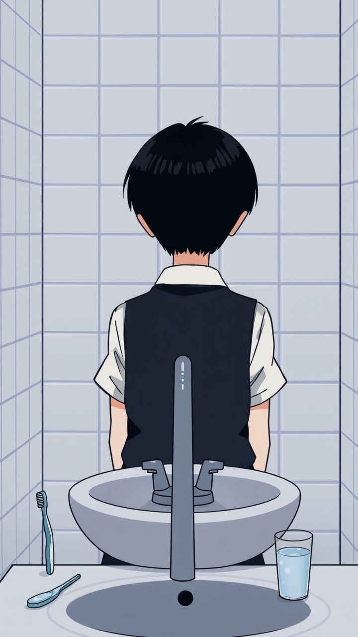 AI generated image by FLUX.1-schnell: Omocat's omori game artstyle, The image depicts a young person standing behind a bathroom sink facing the camera, their expression somber. Faucet faces away from the camera. Their dark hair is neatly styled, and they are dressed in a white shirt with a dark vest. The tiled walls behind them are plain and featureless, creating a sense of isolation. The only other elements in the scene are a toothbrush and a glass on the counter, suggesting a routine that the individual may find difficult to engage in. The overall mood of the image is melancholic, hinting at a sense of loneliness or sadness. The subdued colors and minimalist composition further contribute to the somber atmosphere.  The image leaves room for interpretation, inviting viewers to consider the inner thoughts and feelings of the subject.