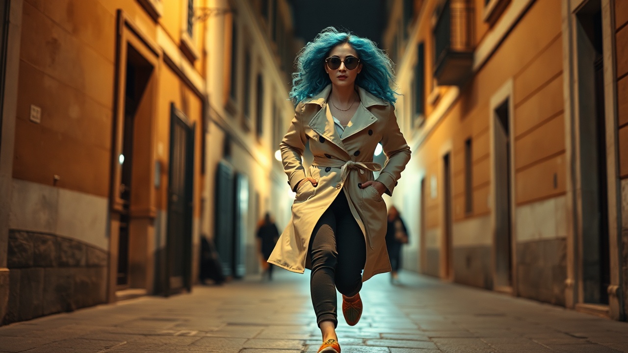 AI generated image by FLUX.1-schnell: A stunning full body image of a tall and slim 40 years old asian woman with a jade color curly wig. She is on a secret mission in the alleys of Rome's historical centre. She is running away. It's night time. She stands confidently in a beige raincoat, sunglasses. Full body shot. She's wearing coloured shoes and pants. She is running.
