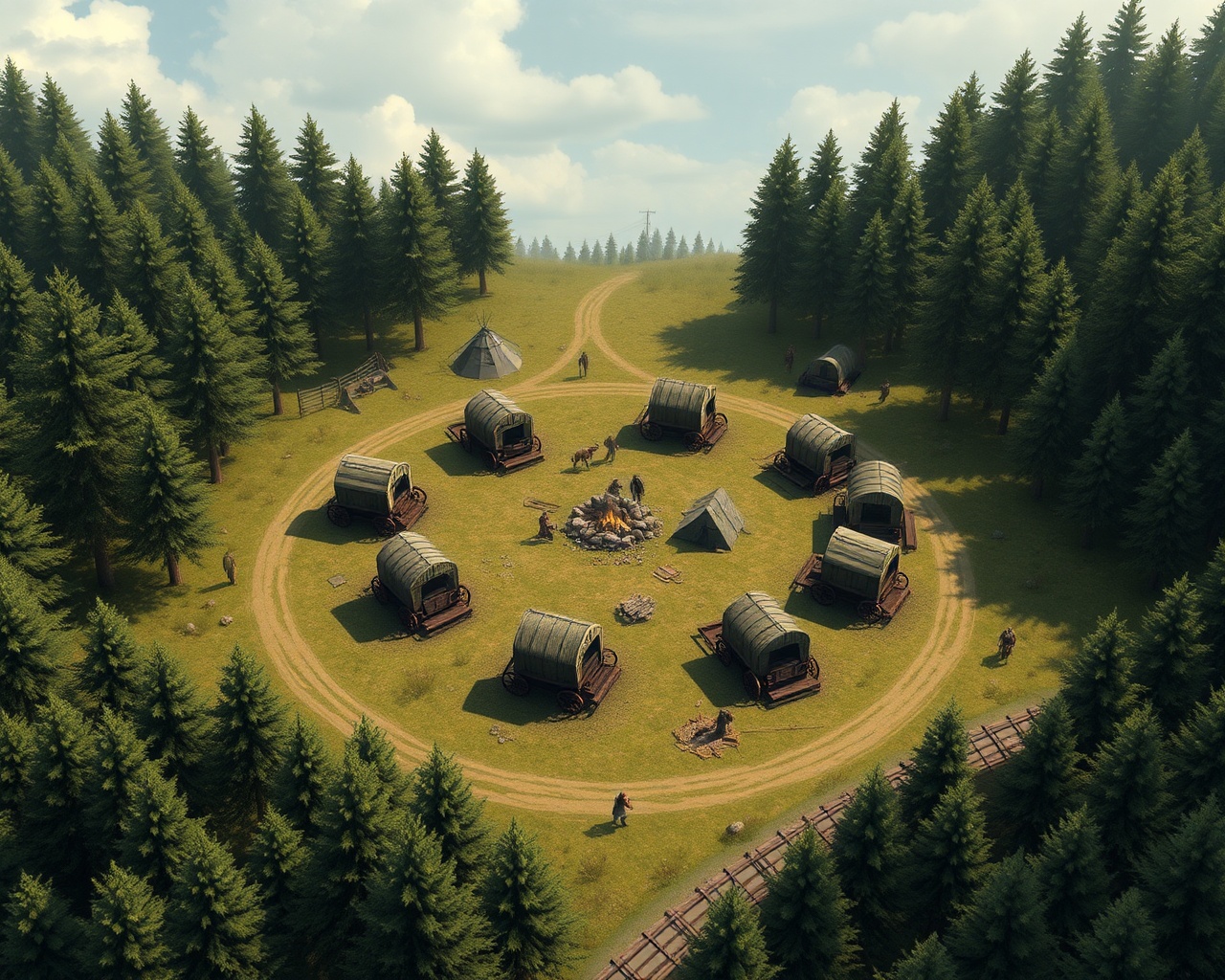 AI generated image by FLUX.1-schnell: Vibrant TTRPG BATTLEMAP that contains a circle of 9 wagons and makeshift horse pen in a forest clearing. There is  a central cooking fire and a number of tents. There should be a wagon trai adjacent to the camp. In the style of WOTC