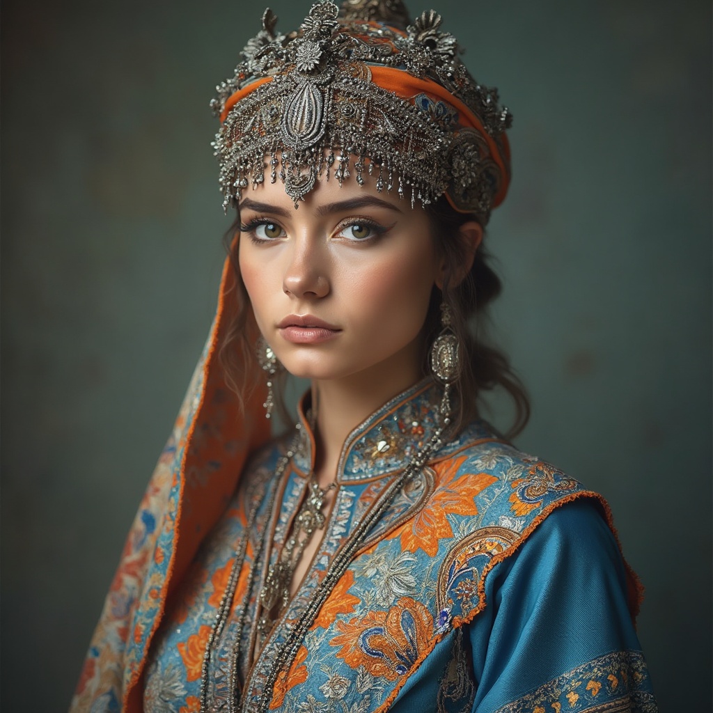 AI generated image by FLUX-Realism-Lora: Young woman wearing traditional Central Asian-inspired attire, adorned with a lavish and elaborate headdress featuring intricate silver and gold decorations. She is dressed in a colorful embroidered garment with vibrant floral patterns, primarily in blue and orange tones. The outfit includes layered fabrics with delicate patterns and textured details, conveying a regal and dignified presence. The background is a muted, simple studio setting to highlight the elegance and sophistication of her attire.