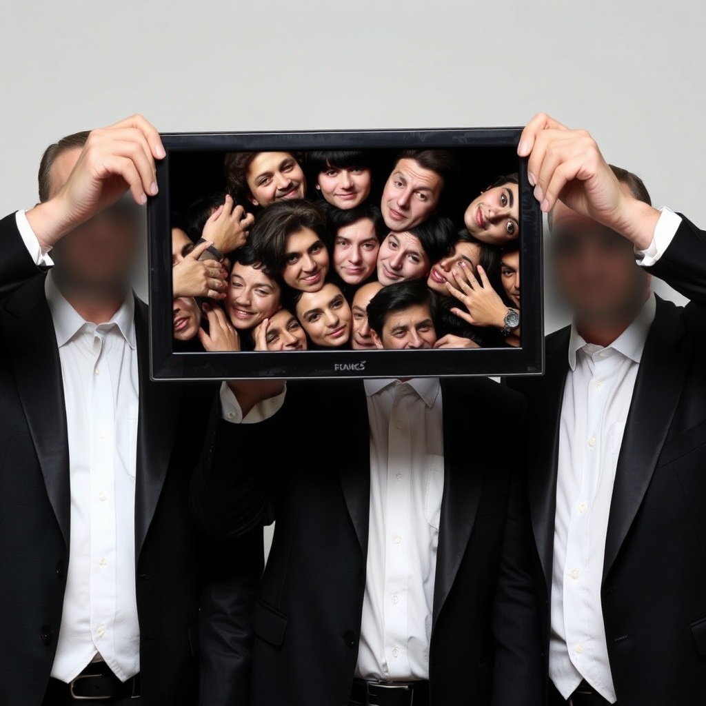 AI generated image by FLUX.1-schnell: Men in black suits with blurred out faces are holding a TV up to the camera and on that TV is faces swirling together. 