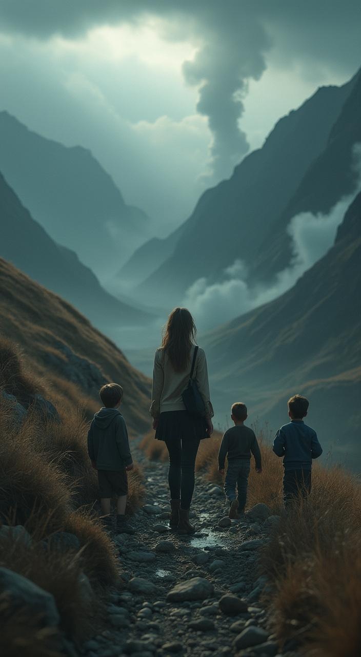 AI generated image by FLUX.1-pro: A lone woman at a forked mountain trail, storm approaching, children behind her, war smoke in the distance, cinematic lighting, hyperrealistic, dramatic tone, 4K