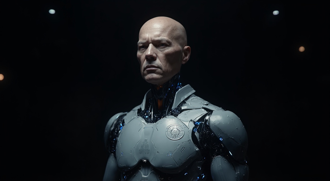 AI generated image by FLUX-Realism-Lora: A photorealistic sci-fi portrait of a starship captain with a humanoid robotic body and the exact head from the provided image. The captain's face is highly detailed, preserving natural skin texture, realistic lighting, and subtle facial expressions. His head is seamlessly integrated onto a futuristic android body, made of a sleek metallic exoskeleton with high-tech joints, glowing blue circuits, and mechanical plating. The robotic body has a strong, commanding posture, with shoulders broad and a chest panel featuring subtle engraved insignia of a galactic fleet. He should be staying front 

The captain is standing on the dark background .

The composition is highly cinematic, with sharp details, dramatic contrast, and a sense of leadership and authority. The captain’s uniform integrates both robotic plating and subtle fabric elements, making it a hybrid of advanced machinery and human design. The overall mood is epic and powerful, capturing the essence of a legendary space commander.

The final image should be ultra-realistic, highly detailed, and immersive, ensuring the perfect fusion of human and machine in a cutting-edge sci-fi universe
