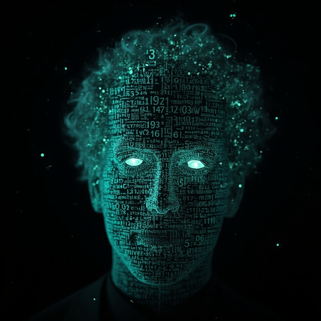 AI generated image by FLUX-Realism-Lora: Richard Feynman's face as a digital mask made from thousands of bright turquoise numbers and formulas forming his face. The formulas and numbers fly behind the mask leaving a trail of complexity. The mask is floating dynamically in mid air. His head is turned to the right but his eyes are looking directly into the camera. The mask is on a black background. Like a png with black only background. Photo realistic, sci-fy