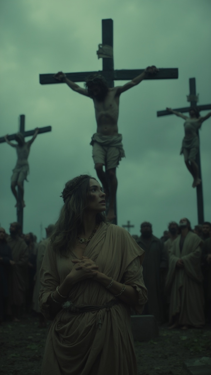 AI generated image by FLUX-Realism-Lora: In a hauntingly atmospheric 9:16 video shot, the scene opens on a solemn crucifixion, set against a dark, tumultuous sky that blankets the ancient landscape in a foreboding green-gray hue. Centered in the foreground stands a woman, her hand pressed to her heart in a pose of deep sorrow, with eyes fixed upward, embodying both reverence and grief. She is clothed in a loose, earth-toned robe tied with a simple belt, her expression deeply pained yet resilient, emphasizing her connection to the tragic events unfolding before her. Behind her rise two crosses, prominently featuring Jesus on the left, identifiable by his serene yet anguished expression, a crown of thorns encircling his head. His body shows signs of strain and suffering, with visible wounds and emaciated features, capturing the unmistakable imagery of the crucifixion with hyper-realistic detail.

Camera Movement: The shot begins with a slow upward tilt, starting from the woman’s waist, moving gracefully to her face, capturing the intensity of her emotions. The camera then gently shifts focus to reveal Jesus on the cross, slowly zooming in to emphasize the details—his face lined with suffering yet marked by a quiet acceptance, the crown of thorns casting shadows on his forehead, his wounds stark against his pale skin. This movement transitions to show the secondary figure on the cross, further amplifying the scene’s gravity. IMAX-level detail highlights every fabric fold, facial expression, and muscle strain, rendering the scene in ultra-high definition. The lighting casts dramatic shadows across the somber crowd in the background, who watch in silent mourning, their faces etched with anguish and reflection. This cinematic HD photorealistic shot captures award-winning cinematography, bringing extreme realism to this powerful, emotionally resonant moment, set against a desolate, stormy sky.