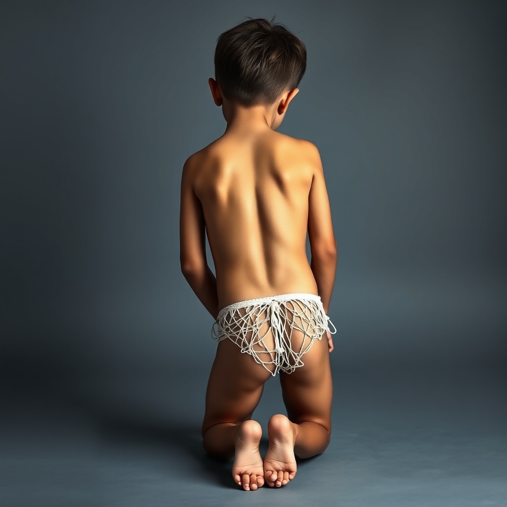 AI generated image by FLUX.1-schnell: A 12-year-old boy wearing a tight, see-through bikini made of string with his back to the camera, kneeling The boy bends forward 