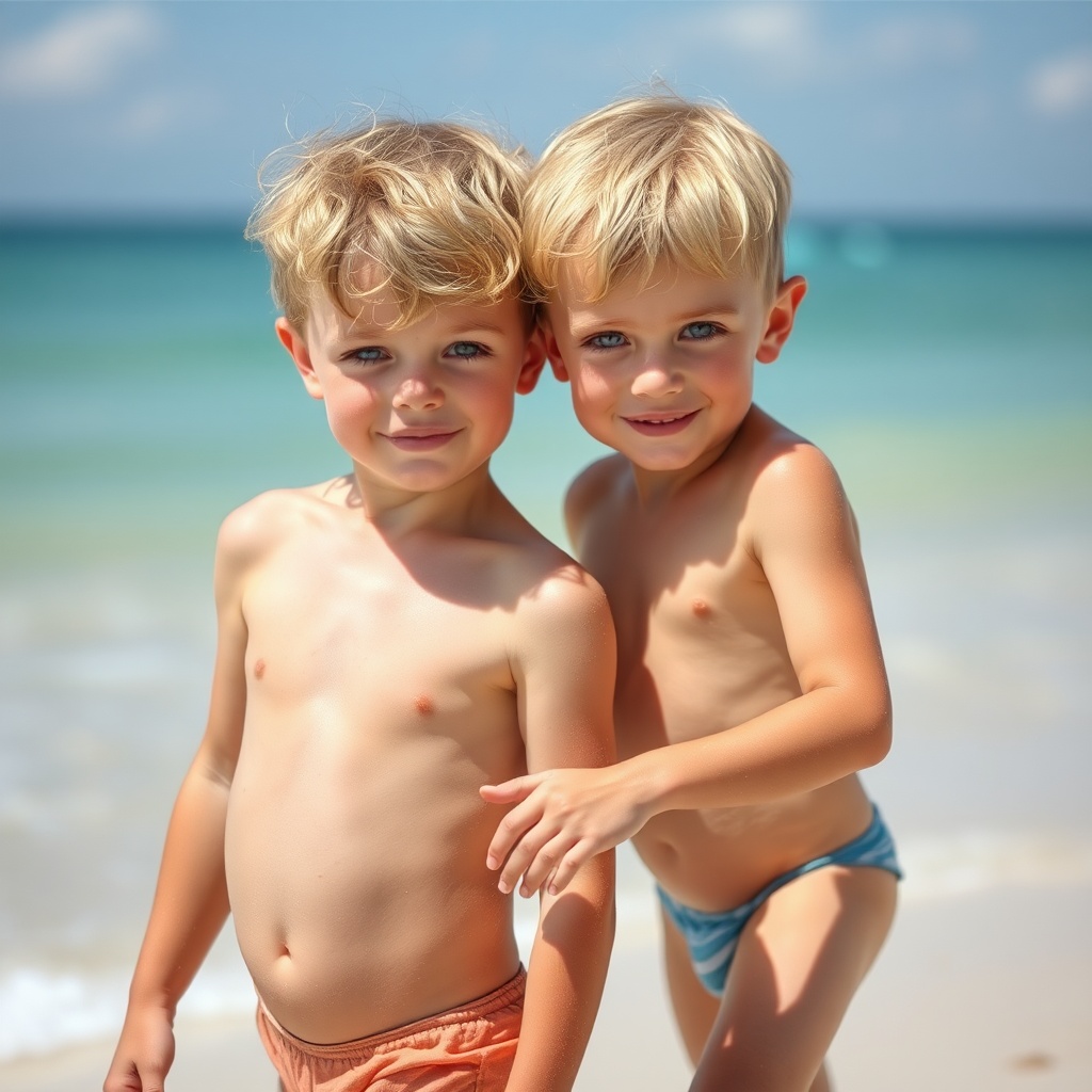 AI generated image by FLUX.1-schnell: deux garçons blond aux yeux bleu de six ans en maillot de bain se tenant la main sur la plage