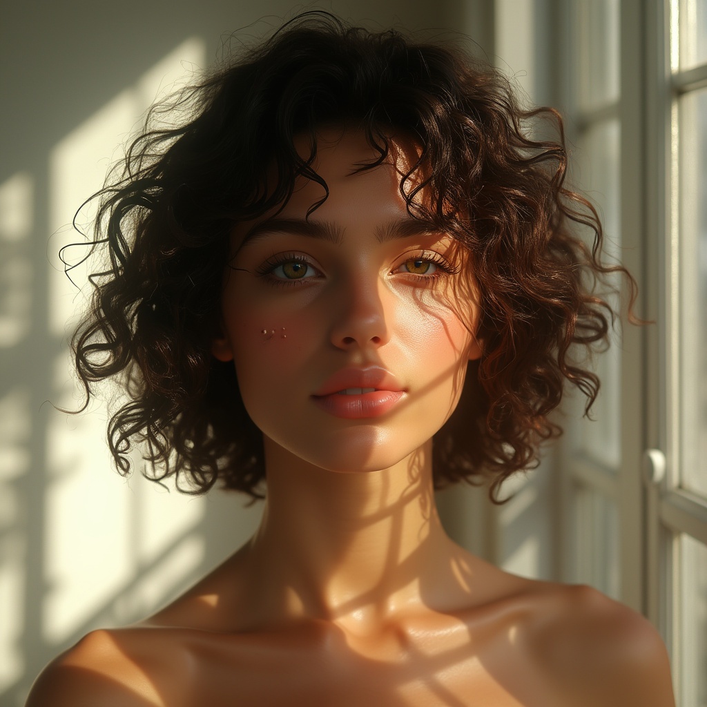 AI generated image by FLUX.1-pro: smooth skin that shines in the sunlight, 3 small moles positioned diagonally on her right cheek,wheatish skin and dark chestnut short curly hair, the lighting is soft and creates soft shadows that enhance the contours of the face, a natural environment where sunlight originates and reflects on her face. An environment with windows showing the white curtains of the house,slightly slanted green eyes and hyper-realistic finish