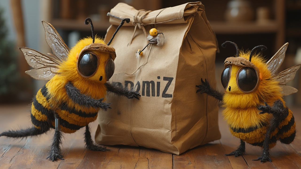 AI generated image by FLUX-Realism-Lora: Photo réaliste d'un gentil Père Noël distribuant des sacs en kraft avec le mot "promiZ" écrit sur le sac, entouré de petites abeilles robot avec des chapeaux de lutin.