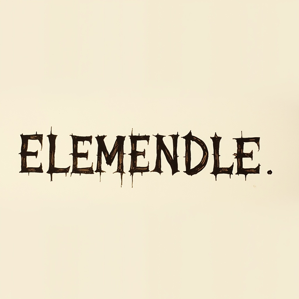 AI generated image by FLUX.1: Create 'ELEMENDLE' in classic scientific manuscript style. Letters should appear as if written with a technical drawing pen, showing consistent line weight and subtle aged ink effect. Dark brown color, clean lettering with minimal natural hand-drawn imperfections.