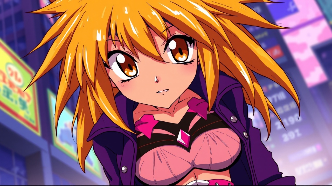 AI generated image by FLUX.1-schnell: Anime art by Kazuki Takahashi, as gaogaigar character, 1997 anime style tv show screencap screenshot, golden orange eyes, big cartoonish eyes, golden yellow orange fallen grungy messy hair, big lionhair style, long messy spiky hair fringe bangs, tanned skin, purple black leather jacket, purple black leather pants, studded pink belt, black sport bra with pink and white designs, fit attractive femenine body with few muscular abs, woman, pink gem navel piercing, big femenine chest, city background, talking to you