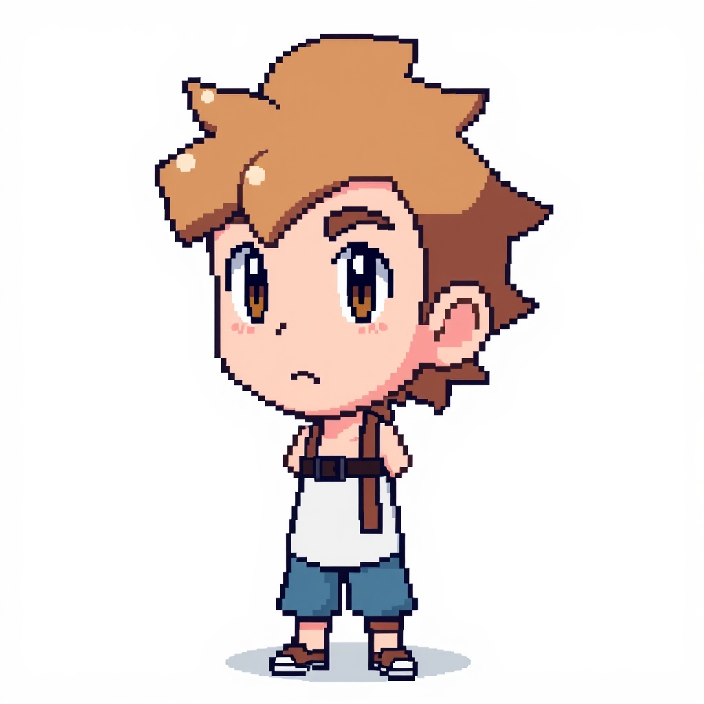 AI generated image by FLUX.1-schnell: A pixel art full body image of a man with light brown hair, a Pokémon trainer from the first generation games, with a simple background, in the style of the first generation Pokémon games.