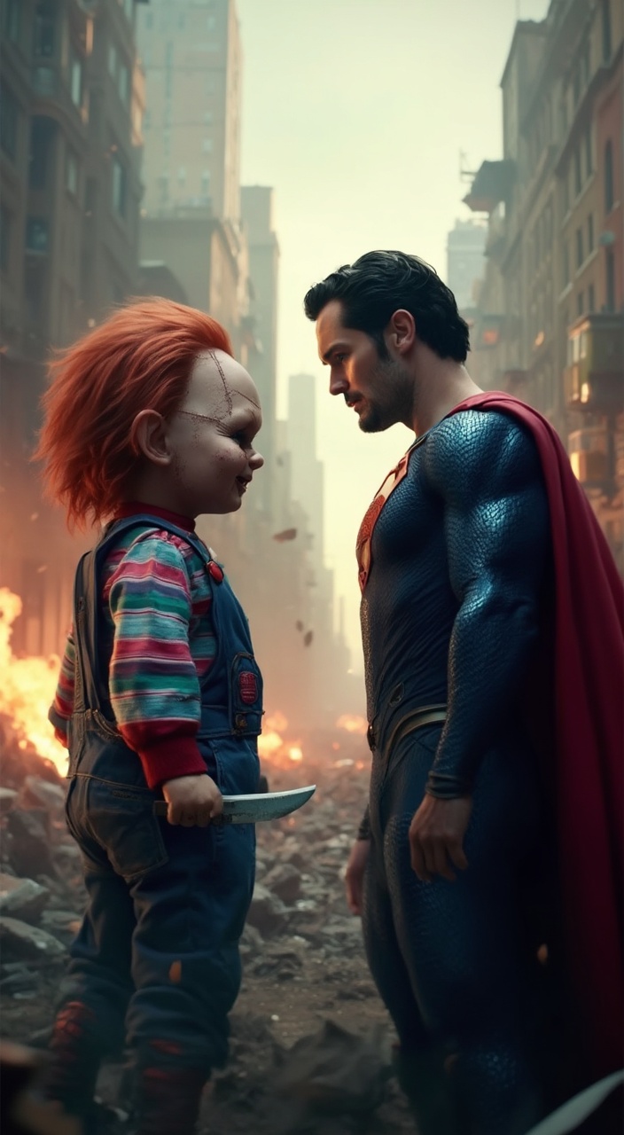 AI generated image by FLUX-Realism-Lora: "Create an ultra-realistic 4K image of Chucky and Superman facing off, both looking directly at the camera. Chucky, the creepy doll with his signature overalls, knife in hand, and a sinister grin, stands menacingly on the left. Superman, in his iconic blue and red suit with the 'S' emblem, exudes power and determination on the right. The background is a chaotic, destroyed cityscape with crumbling buildings, fire, and debris flying everywhere. The lighting is dramatic, with intense shadows and highlights, emphasizing the tension between the two characters. The atmosphere is dark and ominous, with a cinematic feel. Render in 4K resolution with hyper-realistic details, including textures on Chucky's stitched face, Superman's flowing cape, and the gritty environment around them."