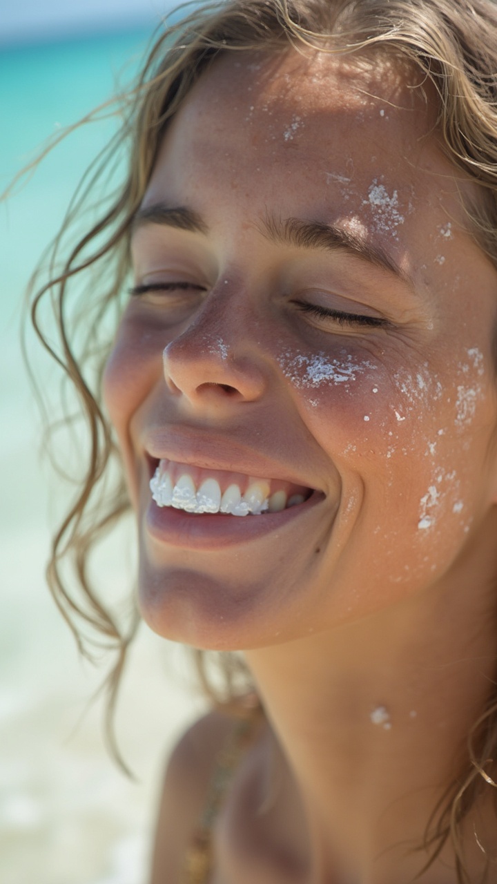 AI generated image by FLUX-Realism-Lora: A girl in beach and white cream her mouth