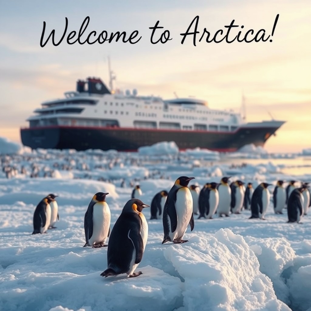 AI generated image by FLUX.1-schnell: Arctic photorealistic photo. Ice, penguins on it, a huge ship sailing on the background. Writing on top: "Welcome to Arctica!"