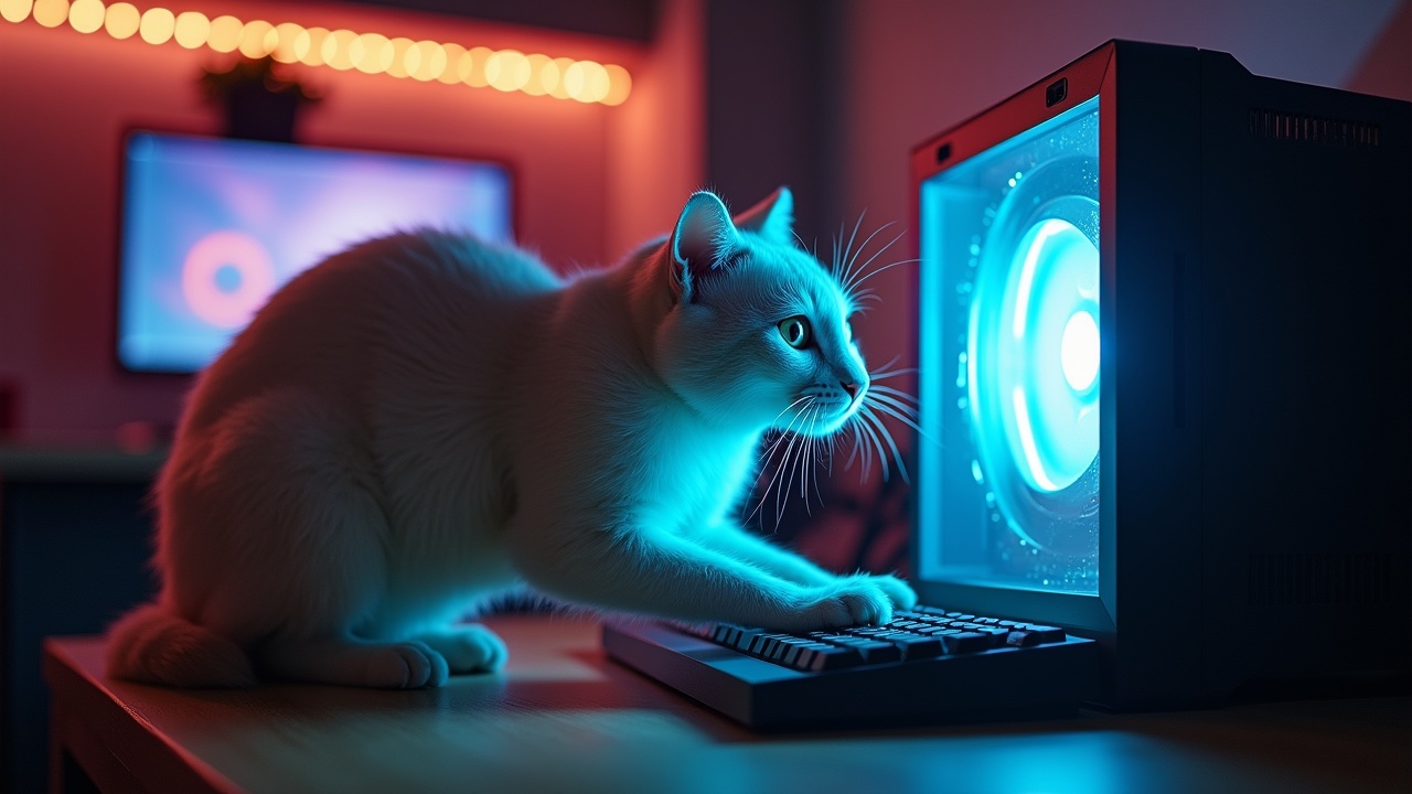 AI generated image by FLUX.1: un gato usando la computadora