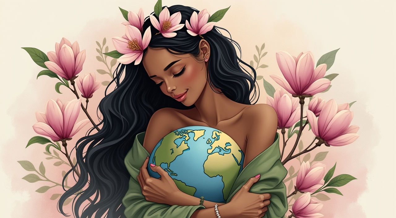AI generated image by FLUX.1-pro: A midbody to head beautiful illustration of a beautiful woman with black medium long  hair with a small tiara of pink magnolia flowers and leaves on her head, she represents mother Earth as she huggs  the world  with love and tenderness in her arms as she smiles 