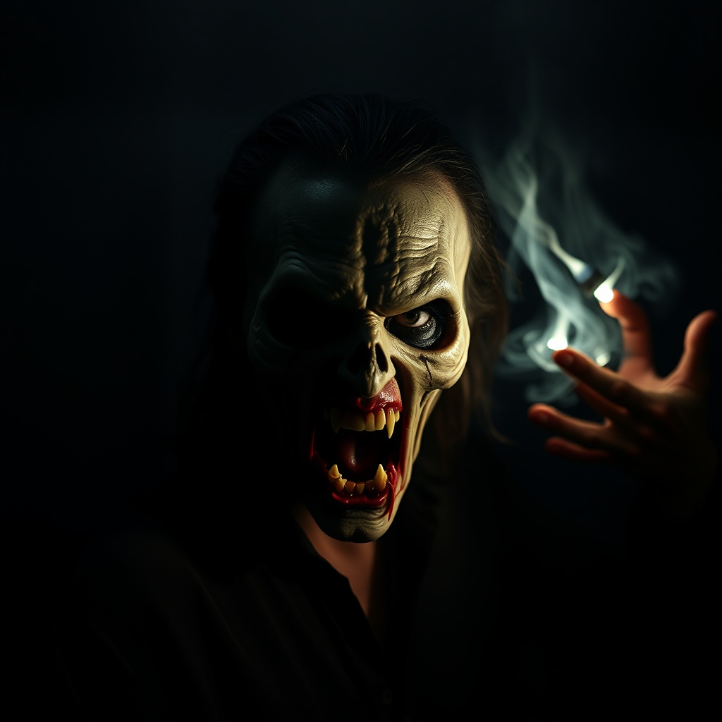 AI generated image by FLUX.1-schnell: 
give me a real horror men,the background is dark