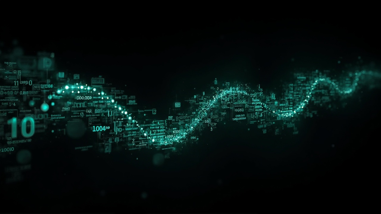 AI generated image by FLUX-Realism-Lora: a swooshing trail made from turquoise numbers and formulas. on a black background. like a png with black only background.