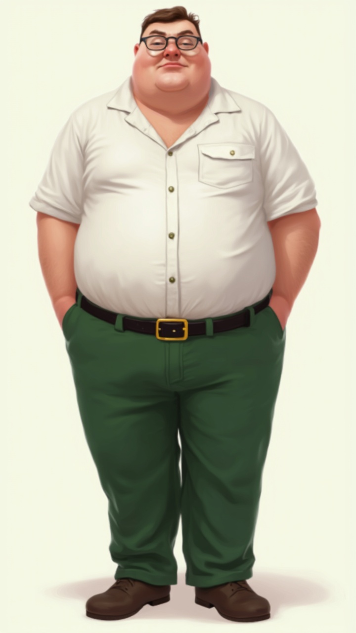 AI generated image by FLUX-Realism-Lora: tall overweight man with short brown hair wearing a short sleeve white button shirt green pants black belt with yellow buckle black round glasses and brown shoes