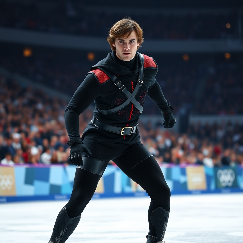 AI generated image by FLUX.1-schnell: A male figure skater with brown short-medium length hair competing at the Olympics in front of a crowd of millions of people. He is wearing a black Zorro costume with red highlights, and is in an ominous stance with an intimidating look on his face. The camera is positioned about 10-15 feet from the man, and is at an on-ice perspective 