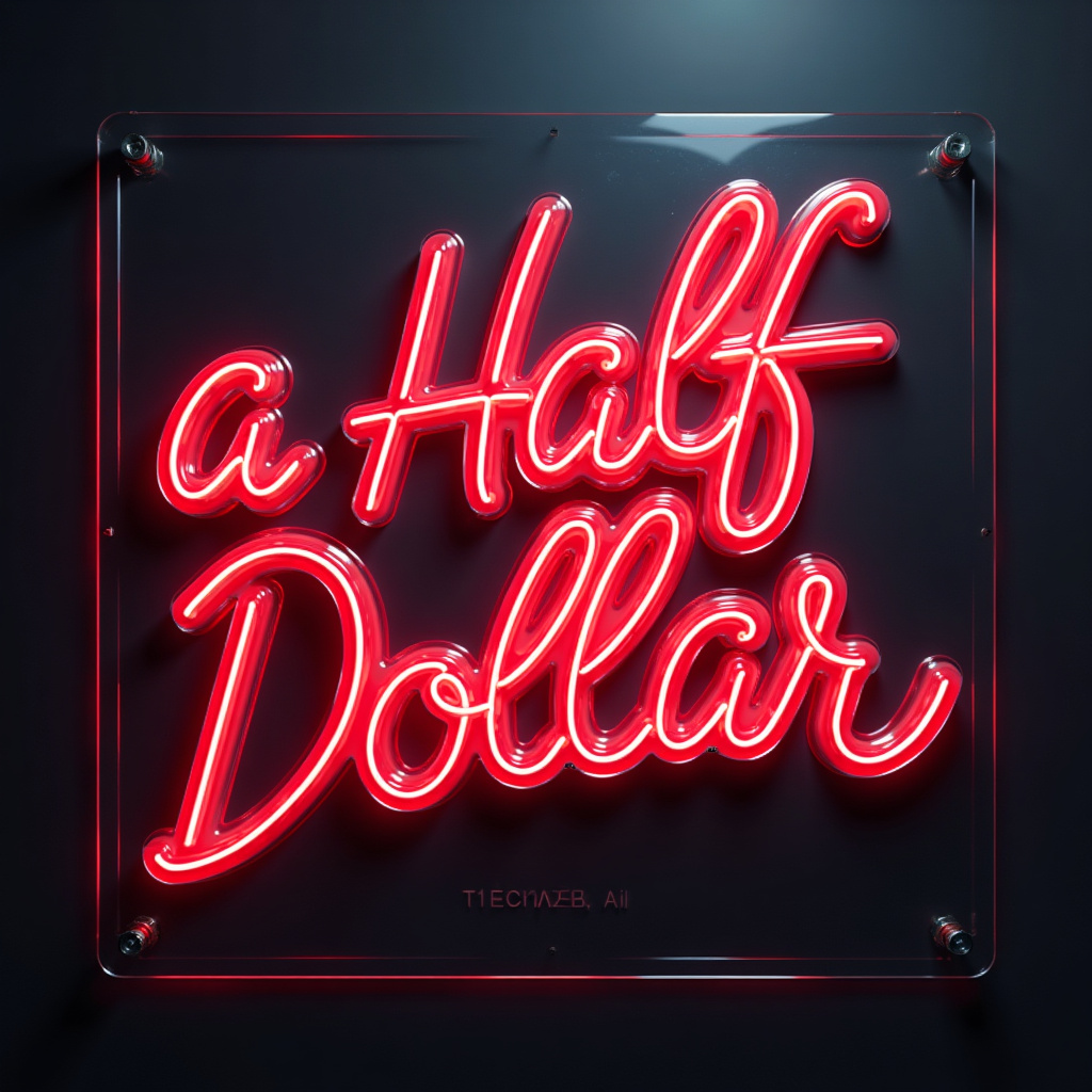 AI generated image by FLUX.1-pro: "aHalfDollar" written in sci-fi font on a dark one color background, RED COLOR 3D RENDER NEON SCRIPT HANDWRITTEN FONT, glassy background, neon on glass
