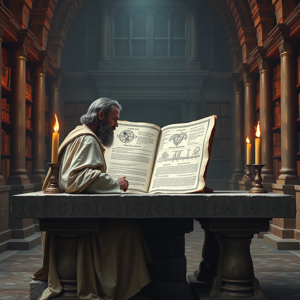 AI generated image by FLUX.1-schnell:  An ancient doctor, wearing a flowing robe, is seated at a stone table in a grand library, deeply focused on a large manuscript. The manuscript contains diagrams and text about medical practices. The room is illuminated by torches, highlighting the intricate details on the parchment.