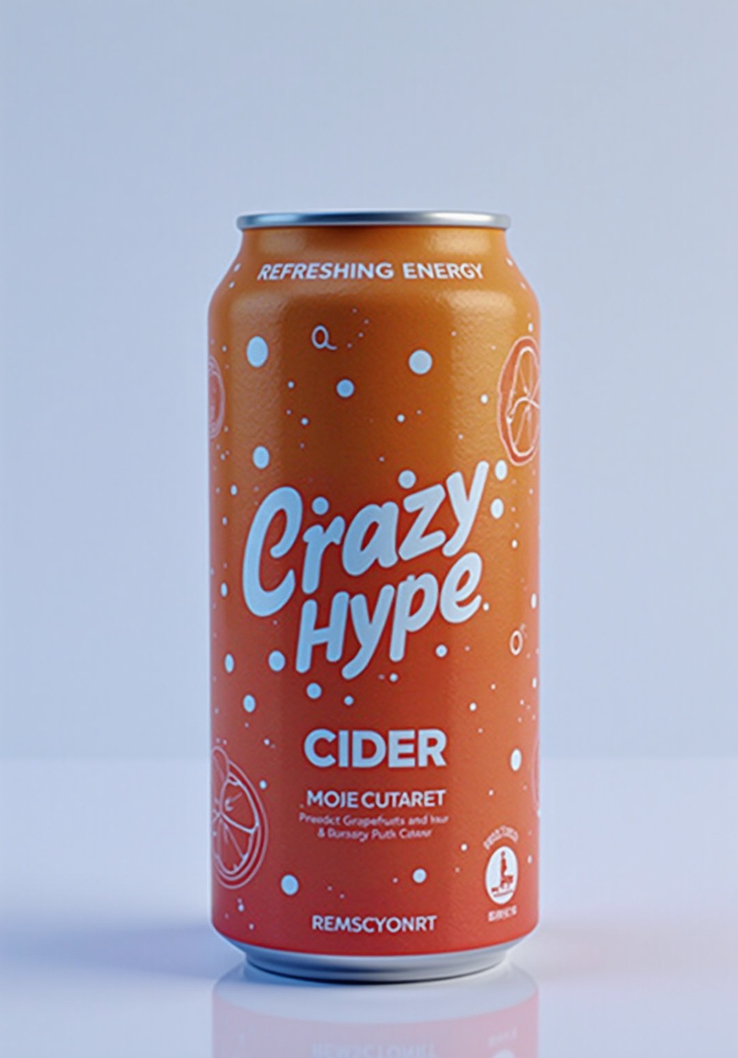 AI generated image by FLUX.1-image-to-image: a raw,hyper-realistic,UHD, 8k:: can design for an energy drink inspired by the Crazy Hype cider. Use a bright orange color for the background, with a white logo 'Crazy Hype' in bold font. Incorporate white bubbles throughout the design to create a fresh feeling. At the top of the can, add illustrations of fruit slices, such as grapefruit and mango, to emphasize the fruity flavor. Include phrases like 'Natural Ingredients' and 'Refreshing Energy' to highlight the product's natural qualities. The can should be placed against a light background to stand out and attract attention."
