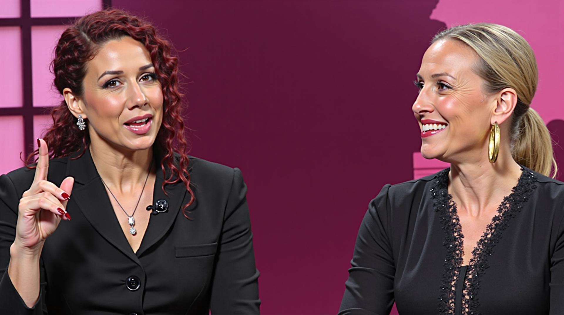AI generated image by FLUX.1-image-to-image: A YouTube thumbnail featuring two women in conversation against a stylized magenta background with soft lighting and a window silhouette. On the left, a woman with dark red curly hair tied back, wearing a black blazer, earrings, and a necklace, is speaking while raising her index finger with a confident expression. On the right, a blonde woman with light hair styled in a low ponytail, wearing gold hoop earrings and a dark outfit with an embroidered detail, is smiling and looking toward the other woman. The overall mood is professional, engaging, and conversational, resembling an interview or discussion setup.