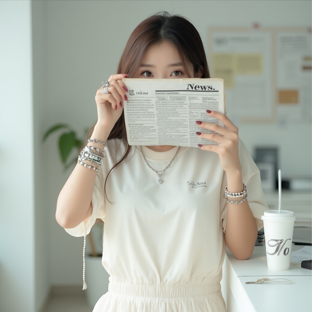 AI generated image by FLUX-Realism-Lora: [A woman of Asian descent, seen from the chest up, with long dark-brown hair, wearing a loose-fitting off-white or cream-colored short-sleeved t-shirt with a subtle black embroidered word on the left chest area, and a white sheer tiered skirt underneath. She is holding a folded newspaper with the words "News" visible at the top, partially obscuring her face. She has on several accessories including a delicate silver necklace with small heart pendant, a pearl necklace, long dangling silver earrings, a silver ring on her right ring finger, and multiple beaded bracelets on her right wrist], [partially obscuring her face with a newspaper and subtly posing], in a [bright and minimalist indoor setting with white walls, a white table or counter, and a light-colored background with a plant and papers taped to the wall]. Style: [Photorealistic, Fashion Photography] Lighting: [Soft Natural Light, Bright Ambient Lighting] Composition: [Medium Shot, Rule of Thirds, Slightly Angled] Details: [Clean background, focus on fashionable attire and accessories, neutral color palette, hints of office-like decor, refreshing paper cup with percent sign, subtle shadows] Quality: [High Detail, 4K, Masterpiece, Sharp Focus]

