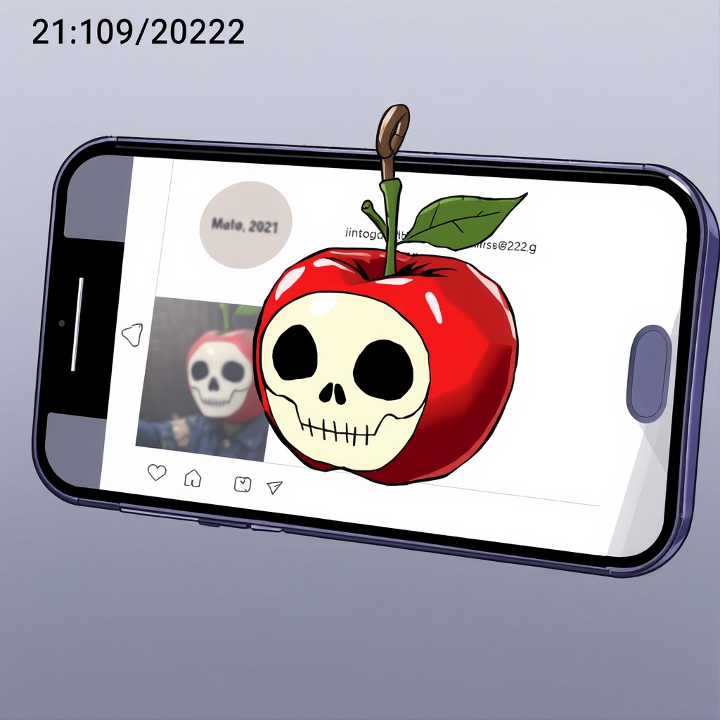 AI generated image by FLUX.1-schnell: A anime  apple with a skull face hangs from a hook on a cell phone screen, which is displaying an Instagram page. The image has the date and time stamp of 21/09/2022 at 22:35 in the upper left corner.