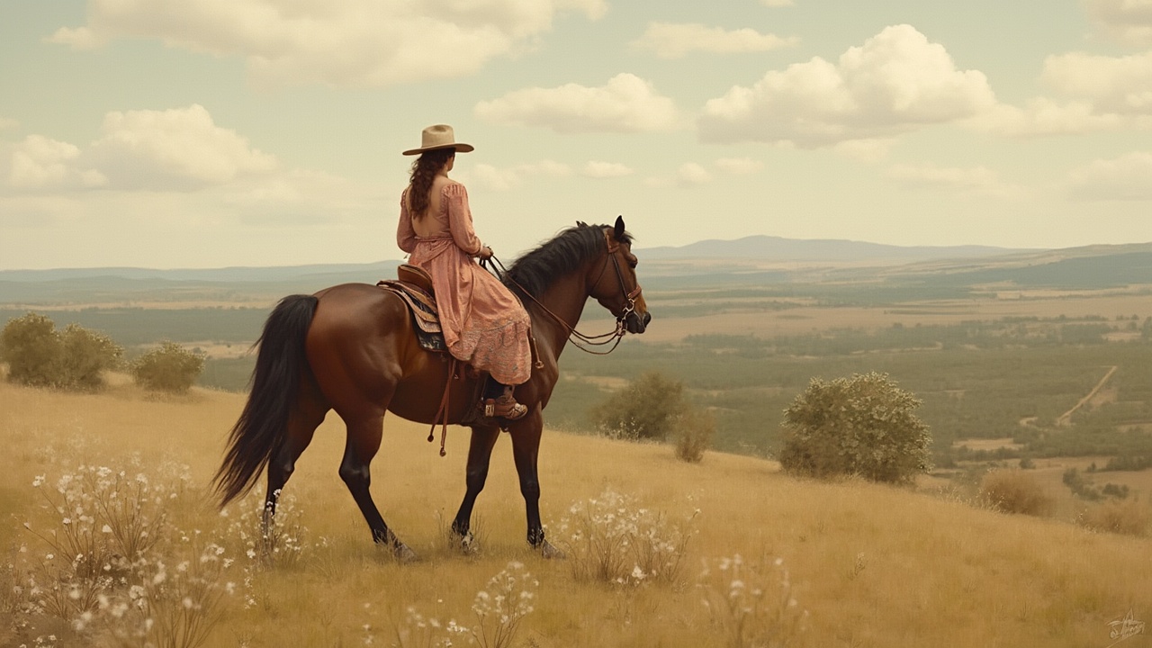 AI generated image by FLUX-Realism-Lora: A painting of an cowgirl sitting on a horse in Texas hill country in the style of Winslow Homer, muted palette 