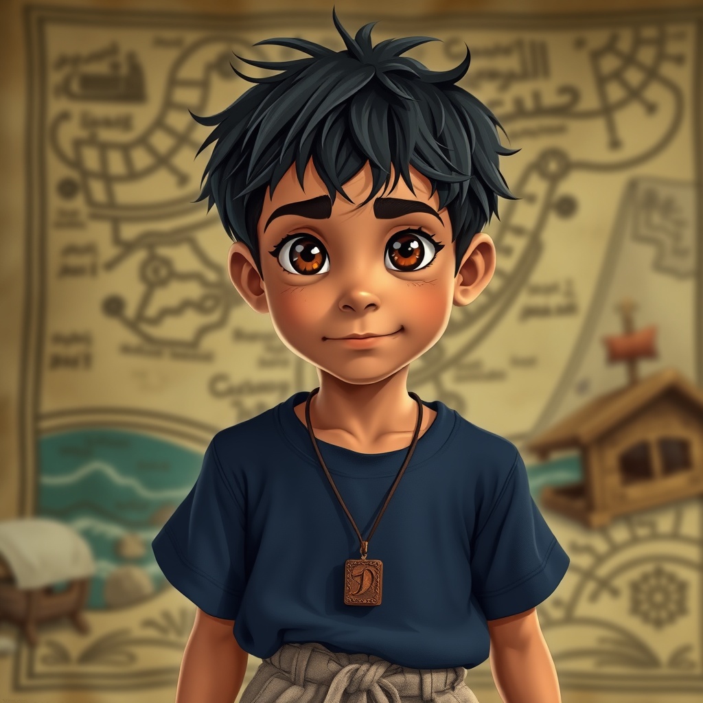 AI generated image by FLUX.1-schnell: A 14-year-old Arab boy with medium-tan skin, short messy black hair, and bright brown eyes full of curiosity and intelligence. He wears a simple navy-blue t-shirt, sandy-colored shorts, and old, worn sneakers that show he's always on the move. Around his neck hangs a small wooden pendant—an heirloom from his grandfather. His appearance reflects energy, courage, and a hint of mischief. His facial expression blends excitement and determination.
The character is set in a coastal village, with a backdrop of the sea or an ancient treasure map for added atmosphere.