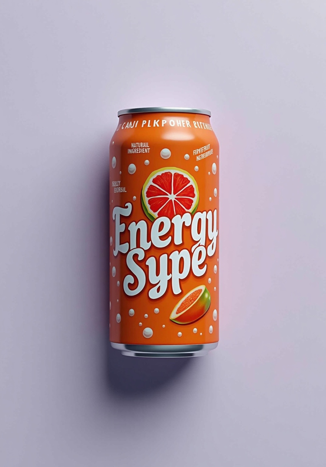 AI generated image by FLUX.1-image-to-image: a raw,hyper-realistic,UHD, 8k:: can design for an energy drink inspired by the Crazy Hype cider. Use a bright orange color for the background, with a white logo 'Energy Surge' in bold font. Incorporate white bubbles throughout the design to create a fresh feeling. At the top of the can, add illustrations of fruit slices, such as grapefruit and mango, to emphasize the fruity flavor. Include phrases like 'Natural Ingredients' and 'Refreshing Energy' to highlight the product's natural qualities. The can should be placed against a light background to stand out and attract attention."
