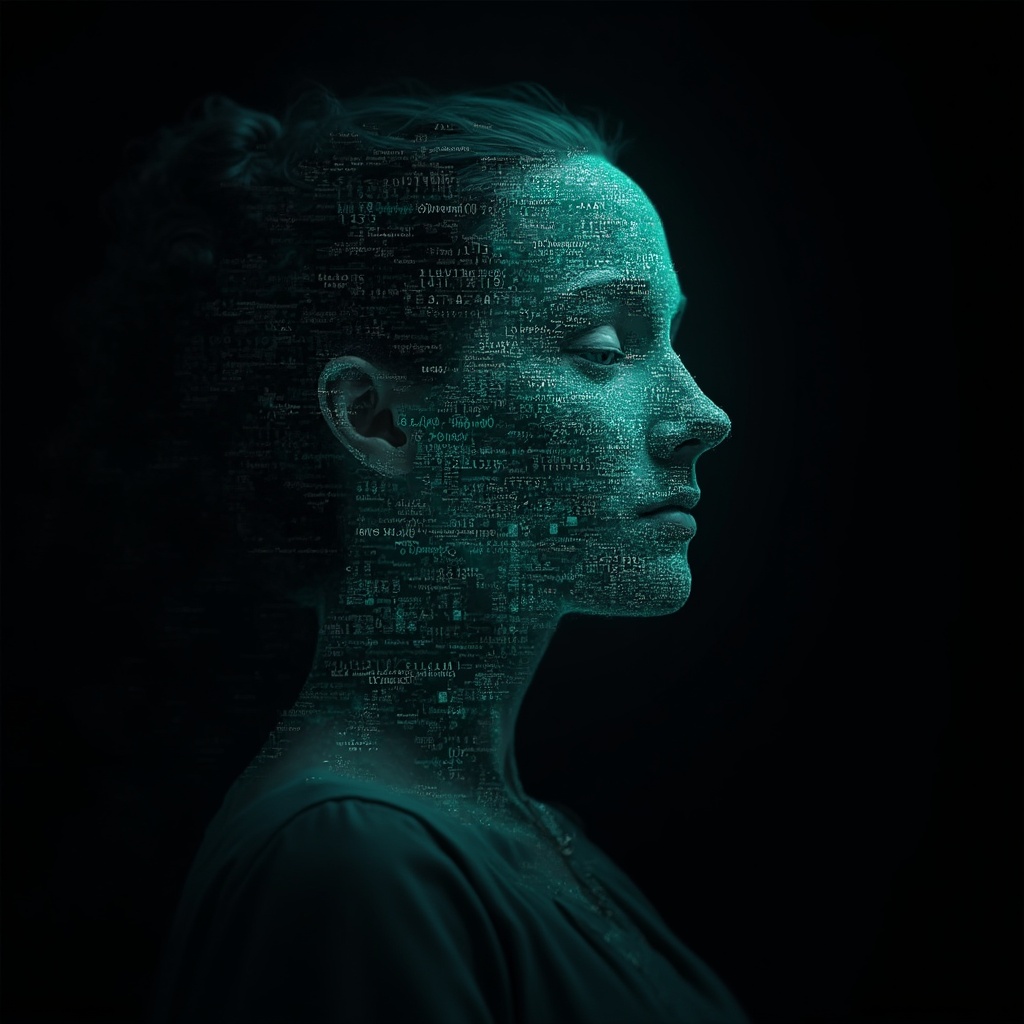 AI generated image by FLUX-Realism-Lora: Ada Lovelace's face as a digital mask made from thousands of turquoise numbers and formulas forming her face. The numbers and formulas are made from light. the formulas and numbers fly behind the mask leaving a trail of complexity. the mask is floating dynamically in mid air. her head is turned to the right but her eyes are looking directly into the camera. the mask is on a black background.  like a png with black only background. photo realistic, sci-fi, human features hair