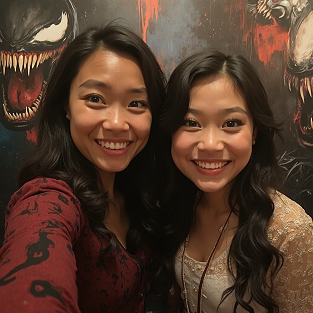 AI generated image by FLUX-Realism-Lora: IMG_1024.HEIC beauty Malay in cinema  selfie with his friendship in Venom poster behind them